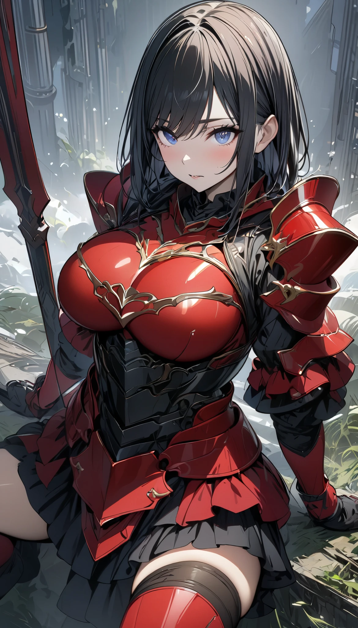 (masterpiece,  top quality :1.2,超 high definition ,  detailed description  、  high detail 、correct、  high definition  )、 One Girl 、Big Breasts、 black hair、swept bangs、 medium hair taken from the front、 knee-high、 clothes that allow you to see the chest 、I'm wearing red armor、 has a spear、legs up high, spread legs, hold knees , from front
, sitting
