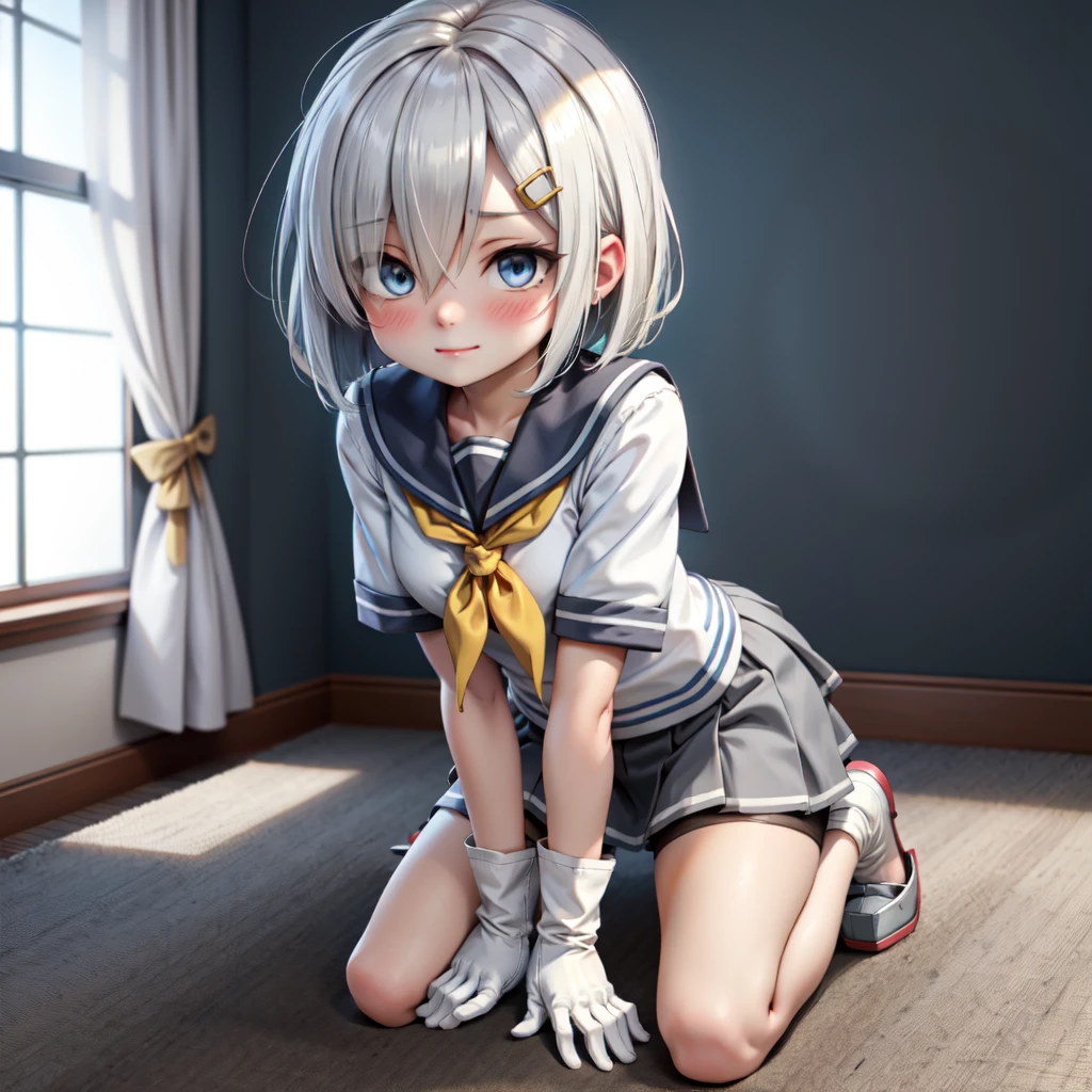 1 girl, front, (hamakaze_(kancolle)), cute, submissive_pose, short silver hair, blue eyes, (hair over her right eye), (a yellow color hairclip on her left bang), pleated skirt, sailor collar, school uniform, short sleeves, yellow neckerchief, black pantyhose, (plain white gloves), kneeling down, (blush:0.8)
