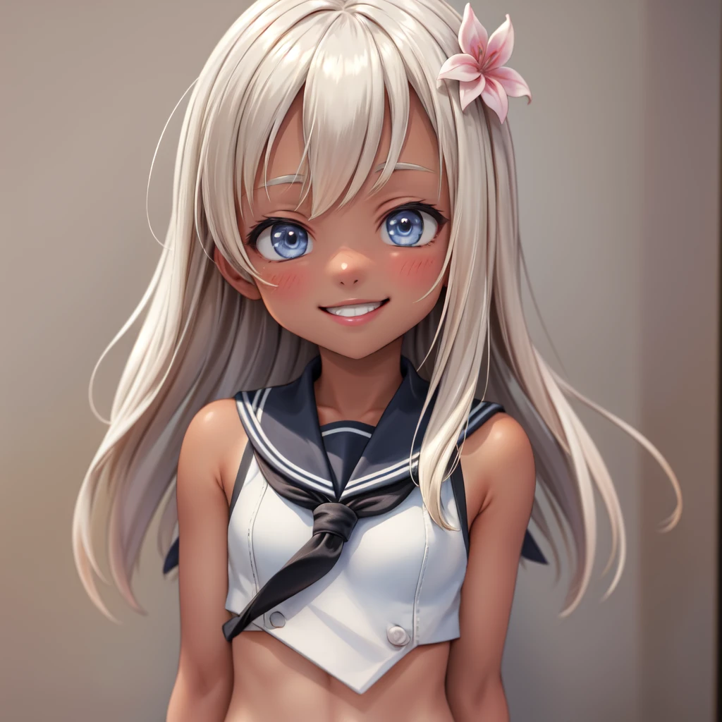 ((masterpiece,best quality)), absurdres,
solo, 1girl, upper body, looking at viewer, smile, ro500, long hair, hair flower, tan, serafuku, dark skin,