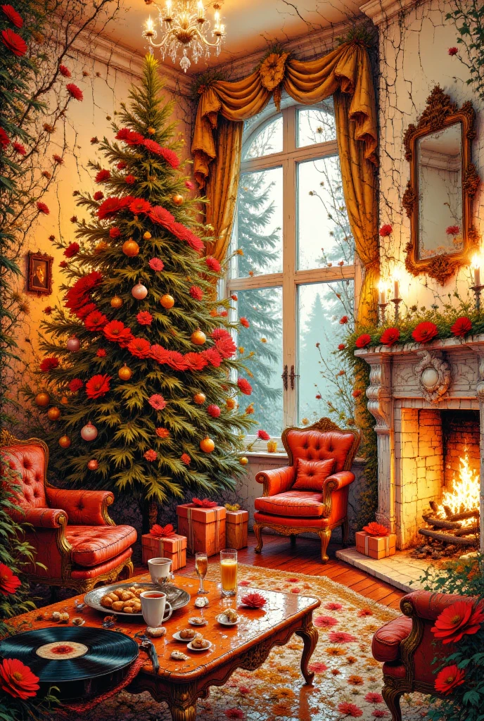 A royal Christmas living room, adorned with a grand, towering tree decorated with gold and crystal ornaments, shimmering under the glow of an ornate chandelier. A marble fireplace with an intricately carved mantle holds velvet stockings trimmed with gold, while a roaring fire casts a warm, elegant light. Plush velvet armchairs and a gilded coffee table hold a silver tray with mulled wine and delicate pastries. Outside the tall arched windows, snow falls gently, framed by heavy silk curtains with golden tassels. The atmosphere exudes regal sophistication and festive warmth.