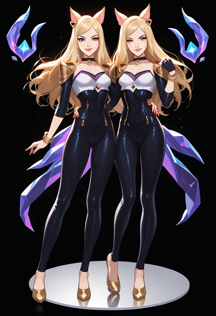 ((full body shot)) KDA Ahri LoL , ((character design sheet)), masterpiece, best quality, highly detailed, score_9, score_8_up, score_7_up, score_6_up, anime font,BREAK , 2girl, long hair, blue eyes, hair bow, small breasts, bow, looking at viewer, freckles, parted lips, smile, full body, red lips, lips, side front, she looks at you, your gauze hurts, fishnets, white background, neutral cast, dance pose, shoulder pads, dominatrix, leather ballet slipper , gold, gloves

