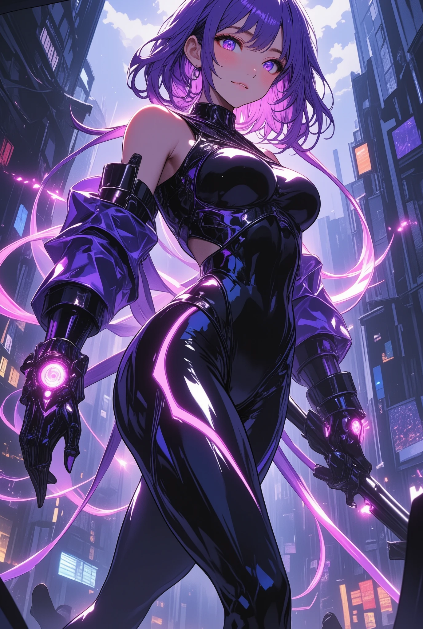 cinematic lighting、highest quality,cyberpunk world、1 female、(20 year old beautiful woman、Detailed beautiful facial features、medium hairの紫髪、shoulder length hair、blue eyes、tilt one side'head of:1.4)(evil laugh、Open your mouth and sniff:1.4)break,medium hair、(purple hair:1.5)(One eye flashes mysteriously、My eyes flash:1.5)(Plump breasts and cleavage that are about to spill out:1.4)(Wear a leather jacket over cyber tech wear with an evil image、Cyber parts on the shoulder:1.2)(leaning forward、put your hands near your eyes:1.4)dark android、sexy villain、(Wearing an evil aura:1.2)(Black mist comes out from the body:1.2)BREAK、purple hair(The light of a ray of light、empty subway platform)