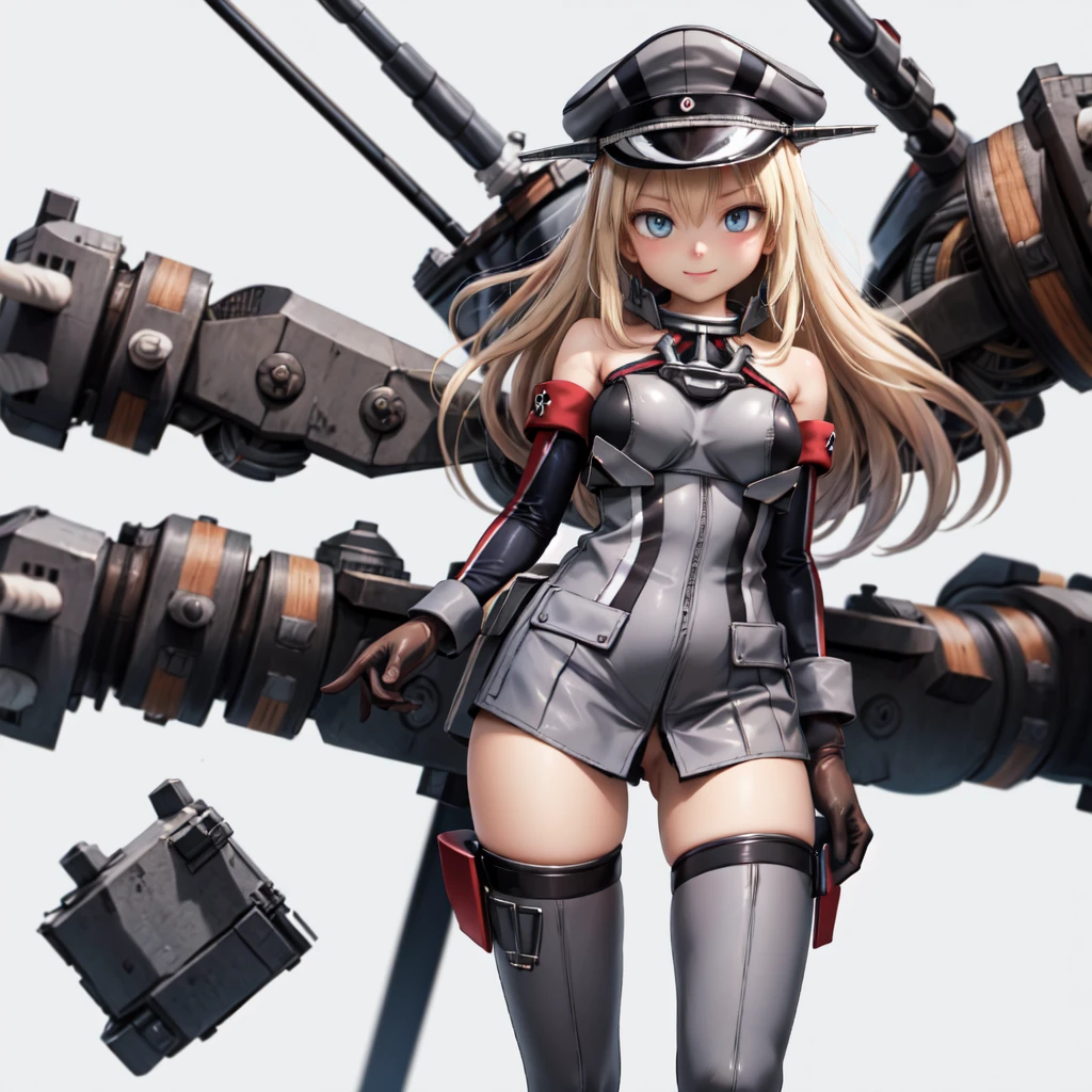 bismarck_\(kancolle\), 1girl, blonde hair, hat, long hair, blue eyes, gloves, military, brown gloves, peaked cap, thighhighs, military uniform, uniform, bare shoulders, detached sleeves, military hat, iron cross, breasts,anchor, grey thighhighs, large breasts, long sleeves, masterpiece, best quality, thick thighs, (simple background), (white background:1.3), (straight-on:1.5), natural, hairclips, solo focus, looking at viewer, facing viewer, standing,  light smile,(cropped legs, ), 