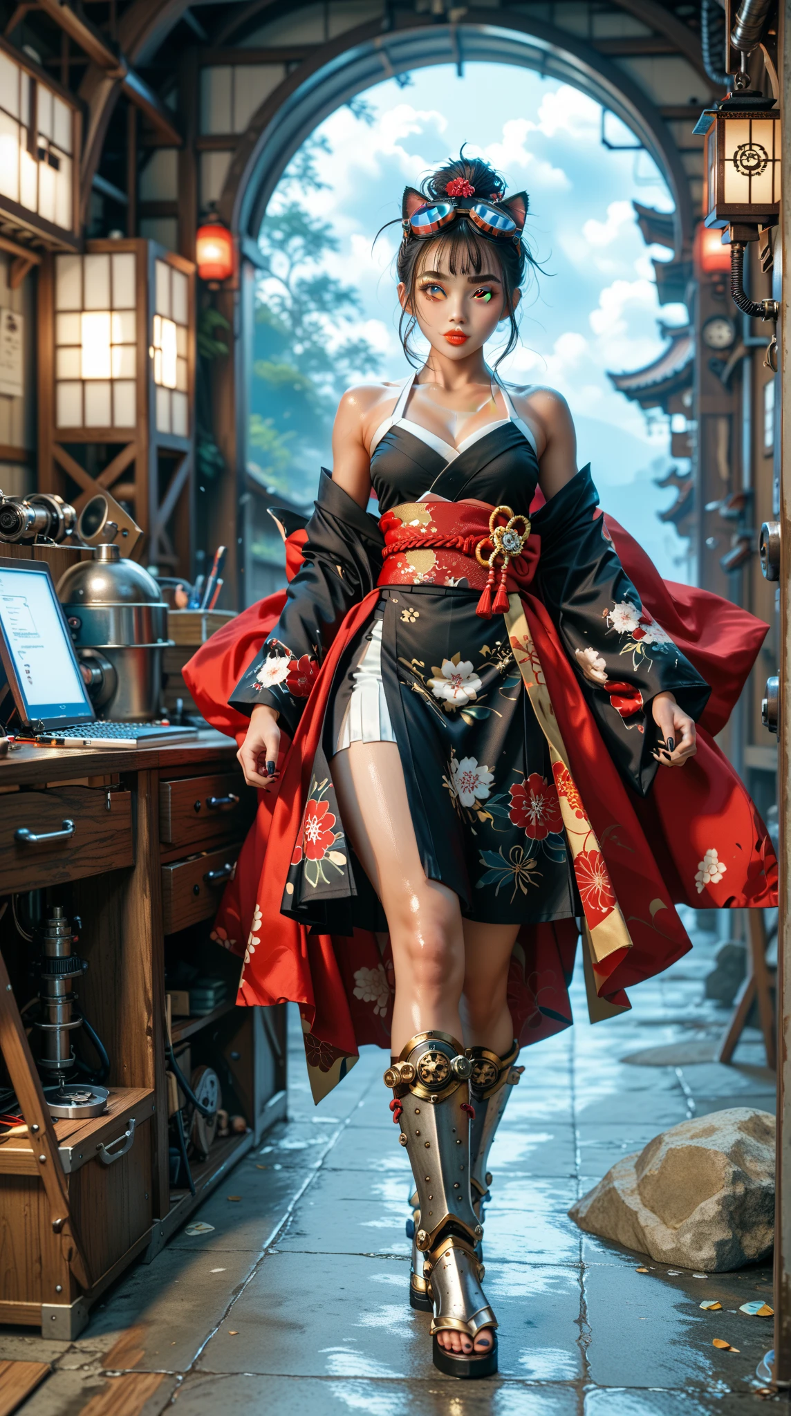  black nails ，（ you can clearly see the tan lines），（sunburned skin ）、（ oily skin ）、（steam）， Ultra High Resolution ，Depth of Field，panoramic，Full body shot， Exquisite facial features ，Perfect face， steampunk，Cat Girl，Japanese Samurai，Thick eyebrows， Shuwang Wang Daein ，Cat&#39;s Eye，Flower-shaped pupil，crazy，Darkening，goggles，Bare shoulders，Under the red cape ，belt，Armored Boots ， kimono skirt ，gaze，dusk，partly cloudy，workshop， tunnel ，Dadaism， cinematic lighting，Necromancy，Thick lips，crazy笑容， fighting posture ，momentum