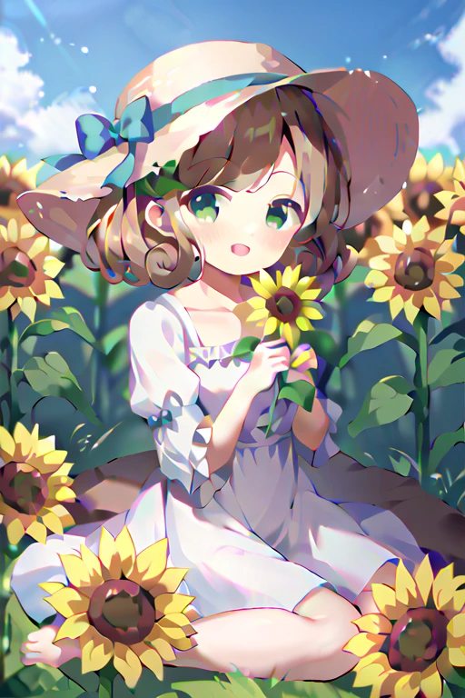 1girl, solo, masterpiece, best quality, score_9, score_8_up, score_7_up, source_, blushing, sitting in a field of sunflowers, short curly brown hair, smiling, green eyes, holding a sunflower in her hand, long white dress, short frilly sleeves, no shoes, barefoot, beige sunhat