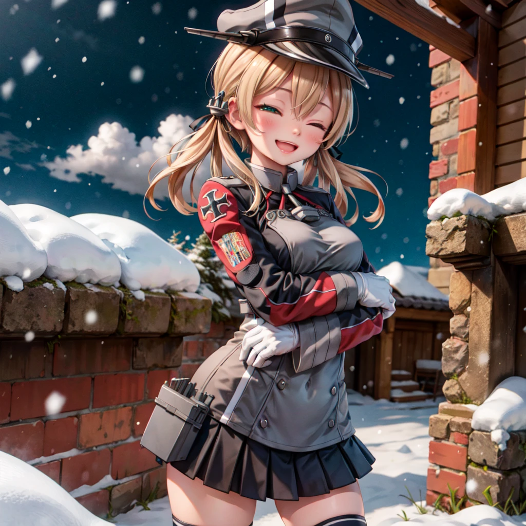 masterpiece, best quality,
1girl, solo,
upper_body, snowing, overcast, wind, standing,
prinz eugen/(kancolle/),  green eyes, short hair,
anchor hair ornament, military uniform, iron cross, long sleeves, white gloves, black skirt, pleated skirt, miniskirt, kneehighs, peaked cap, hat ornament, 
smile, one eye closed, open mouth