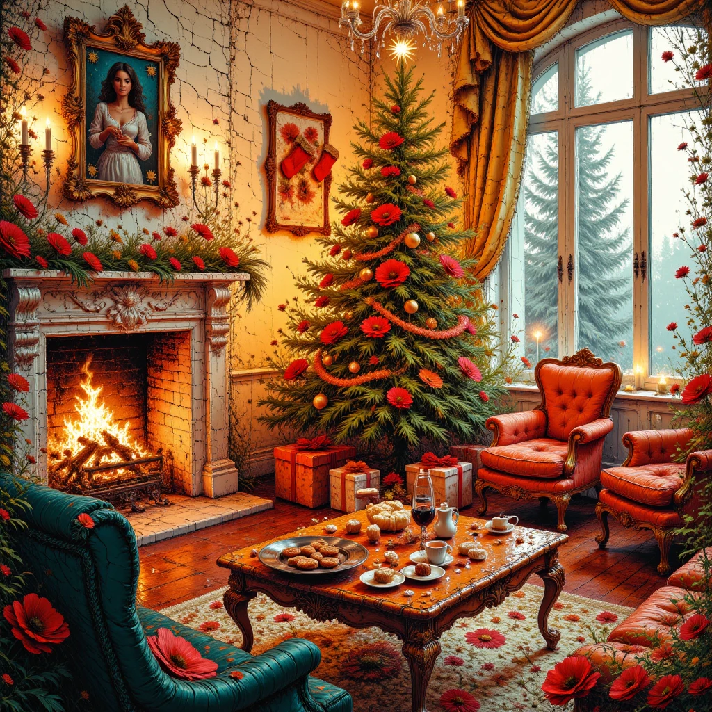 A majestic yet cozy Christmas living room, featuring a grand, towering tree adorned with sparkling gold and crystal ornaments, delicately draped with strands of pearls and warm twinkling lights. The soft glow of an opulent crystal chandelier illuminates the room, complementing the flickering warmth of a marble fireplace with intricately carved details. Velvet stockings trimmed with gold hang gracefully above the fire, and a luxurious rug stretches across the polished wooden floor. Plush armchairs, upholstered in deep emerald green velvet, are arranged near the fireplace, with a gilded coffee table in the center holding a silver tray of steaming mulled wine, spiced biscuits, and chocolate truffles. Heavy silk curtains with golden tassels frame the arched windows, where soft snow falls beyond the frosted glass, completing the serene winter scene. The atmosphere blends regal sophistication with inviting warmth, creating a truly enchanting and realistic holiday setting.