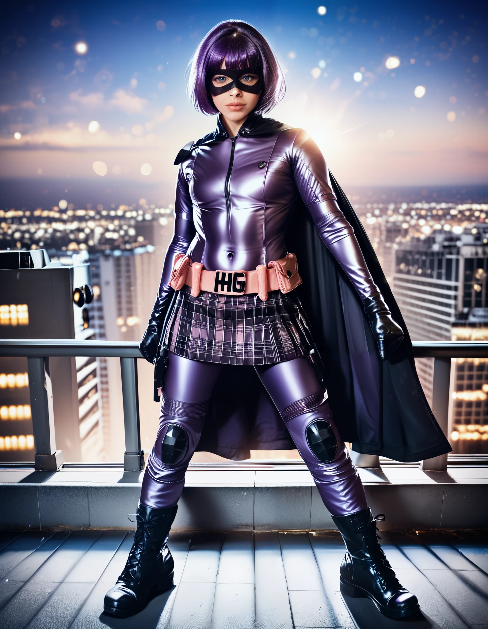 hitgirlcosplay
A girl, posing with a superheroic pose, dynamic posture, intensity, looking at viewer with a seductive gaze, pointing a gun at viewer. 
Purple hair, bob haircut with bangs, purple bodysuit, full bodysuit, black mask, black cape, black boots, black gloves, ((pink utility belt)), initials "HG" on the buckle, purple plaid skirt, purplee pants, black kneepads.
The background is the roof of a building, cityscape at night, with shadows., score_9, score_8_up, score_7_up, score_6_up, A highly detailed, intricate details, soft natural lighting, realistic anatomy, realistic eyes with catchlights, subtle skin shading, soft shadows, high resolution, smooth gradients, vibrant yet natural colors, cinematic lighting, depth of field, soft bokeh background, detailed eyes, detailed face,, zPDXL3, zPDXLrl, zPDXLxxx