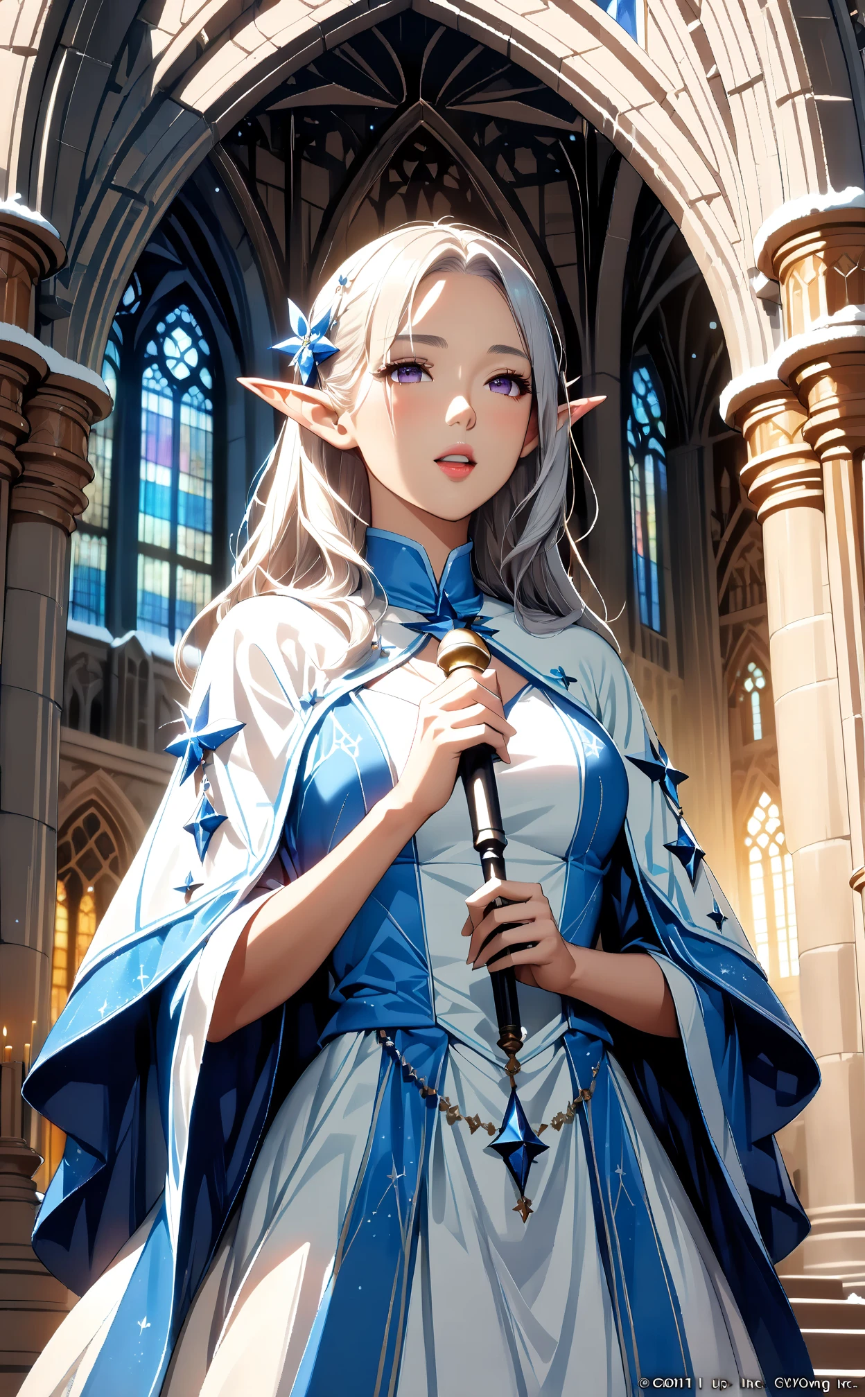 (masterpiece, ultra quality, official art, 8k, beautiful and aesthetic, extreamly detailed:1.3), (1 elf lady), solo, (cowboy shot:1.3), (Scenery inside the cathedral), sharp focus, anatomically correct, absurdres, (well-defined facial features, perfectly proportioned face, graceful and symmetrical features, radiant and healthy glow, fine details and realistic textures, ultra detailed face, delicate facial features:1.4), cool beautiful elf, elfin ears, shiny platinum hair, purple eyes, (lips), (blue high priestess’s winter costume, priest shoes:1.3), (singing, looking afar:1.6),