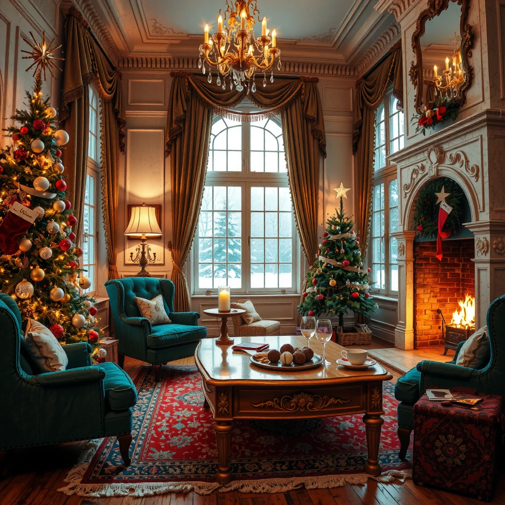 A majestic yet cozy Christmas living room, featuring a grand, towering tree adorned with sparkling gold and crystal ornaments, delicately draped with strands of pearls and warm twinkling lights. The soft glow of an opulent crystal chandelier illuminates the room, complementing the flickering warmth of a marble fireplace with intricately carved details. Velvet stockings trimmed with gold hang gracefully above the fire, and a luxurious rug stretches across the polished wooden floor. Plush armchairs, upholstered in deep emerald green velvet, are arranged near the fireplace, with a gilded coffee table in the center holding a silver tray of steaming mulled wine, spiced biscuits, and chocolate truffles. Heavy silk curtains with golden tassels frame the arched windows, where soft snow falls beyond the frosted glass, completing the serene winter scene. The atmosphere blends regal sophistication with inviting warmth, creating a truly enchanting and realistic holiday setting.