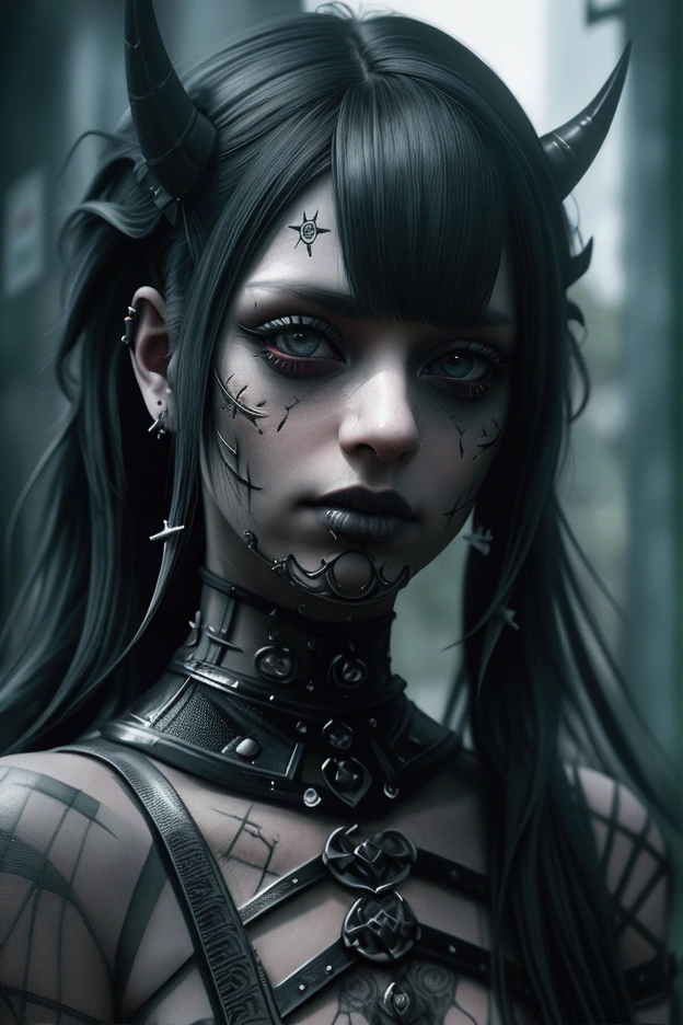Metalhead girl with black makeup staring at the camera, dark atmosphere, cinematic, creepy