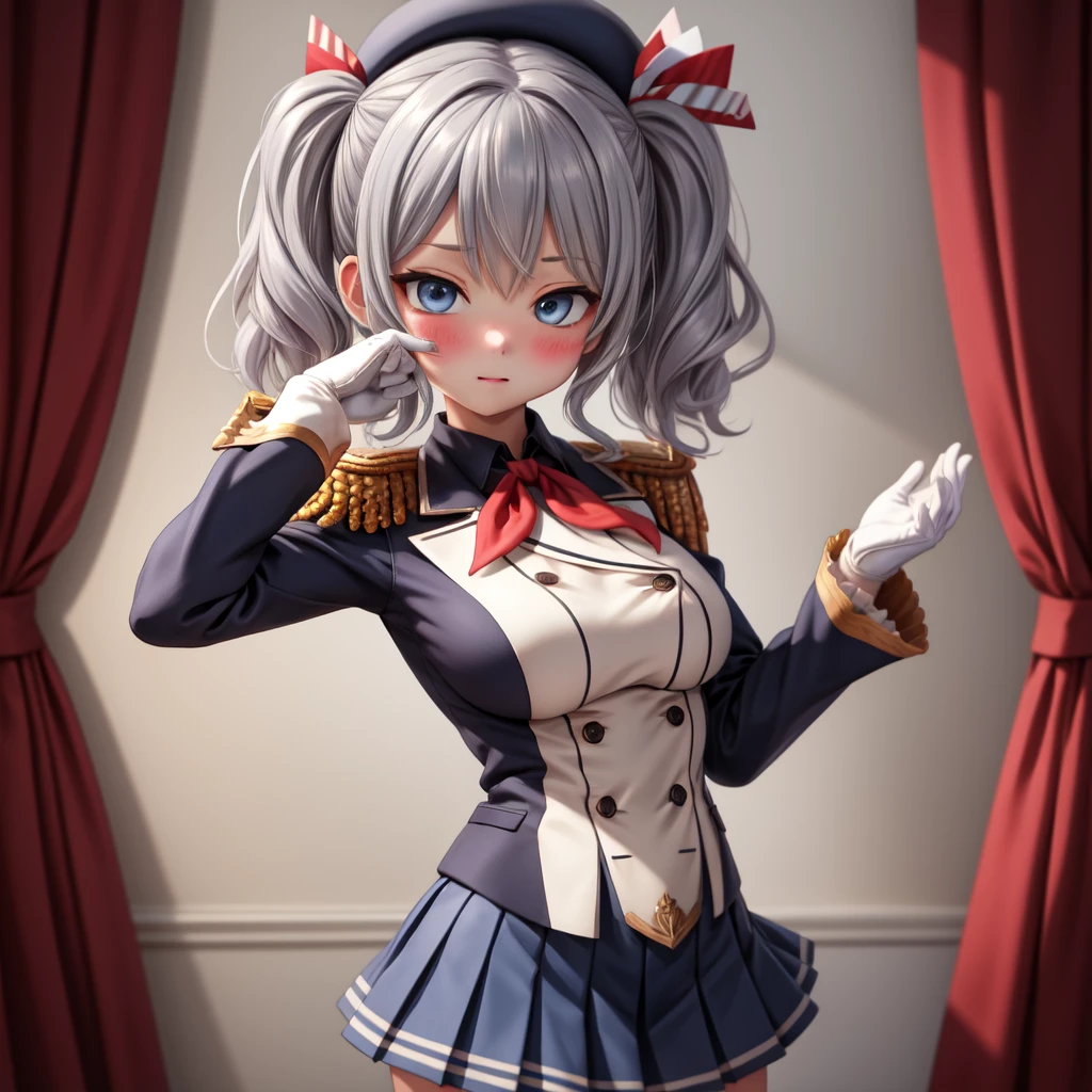 (masterpiece, best quality:1.2),illustration,8k,hd,1girl,solo,upper body,portrait,blush,grey hair,blue eyes,wavy hair,twin tails,tsurime,beret,epaulettes,frilled sleeves,jacket,large breasts,long sleeves,uniform,miniskirt,pleated skirt,red neckerchief,white gloves,anchor,