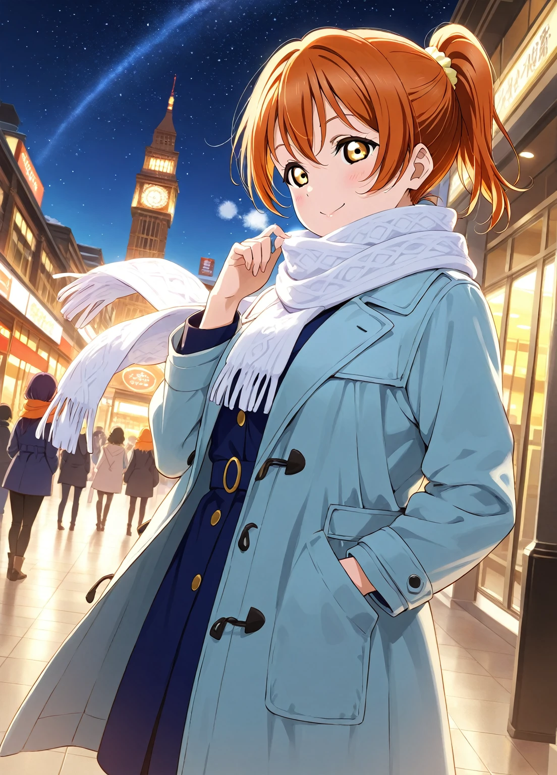 Love Live!!　Starry Sky　 orange hair　 yellow eyes 　Short Hair　 ponytail　 snow falling 　 scarf　Blue coat　 Slender　In front of Tokyo Station