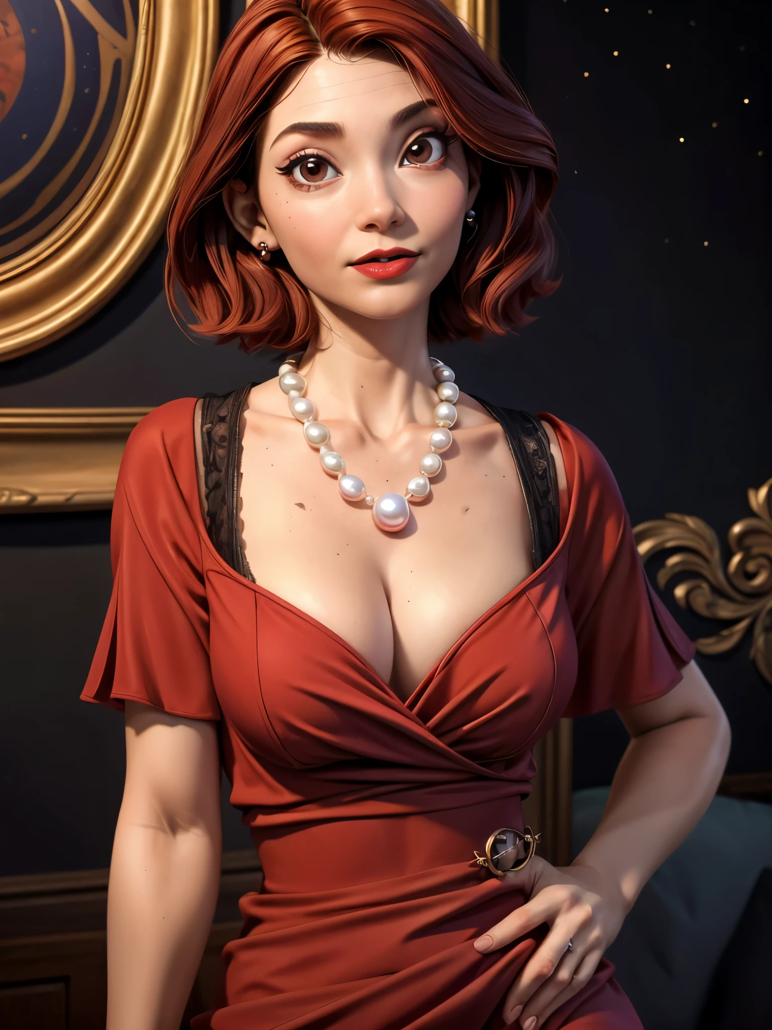 Natalie, Oil painting, Renaissance, Leonardo da Vinci style, model, modern style, modern clothing, pop star, cool, short hair red color pearl necklace, earrings, modern makeup, red lipstick, Starry night, dress with black stars, ring, defined strokes