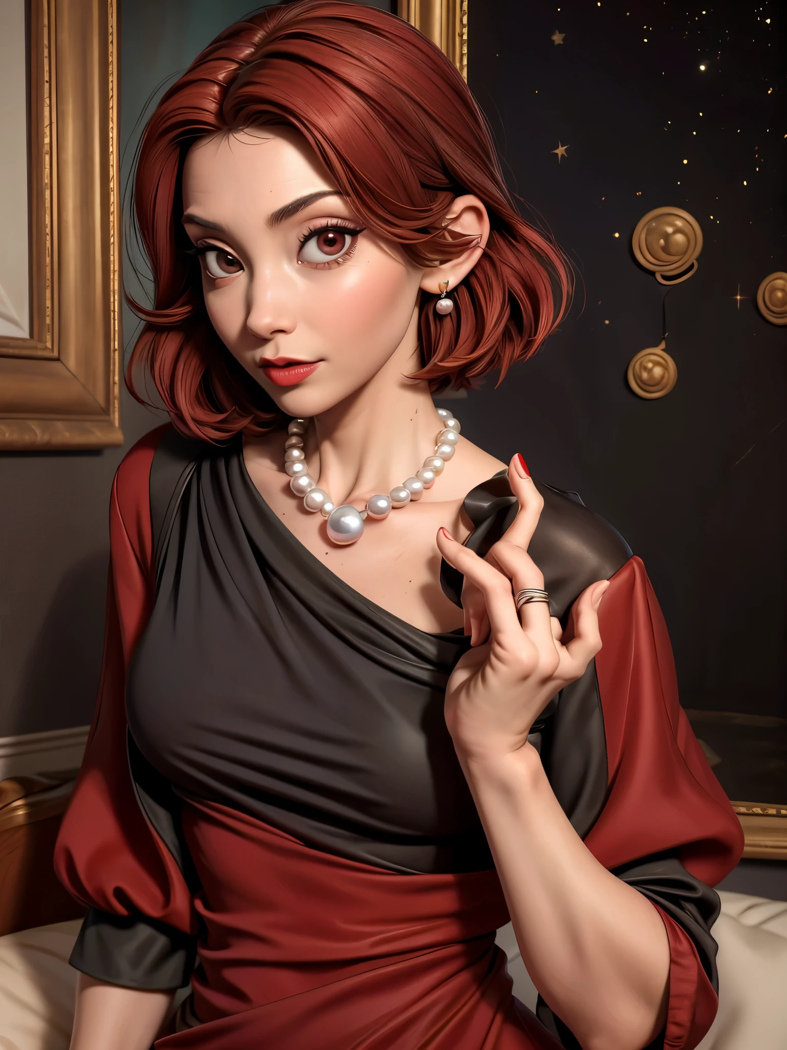 Natalie, Oil painting, Renaissance, Leonardo da Vinci style, model, modern style, modern clothing, pop star, cool, short hair red color pearl necklace, earrings, modern makeup, red lipstick, Starry night, dress with black stars, ring, defined strokes  