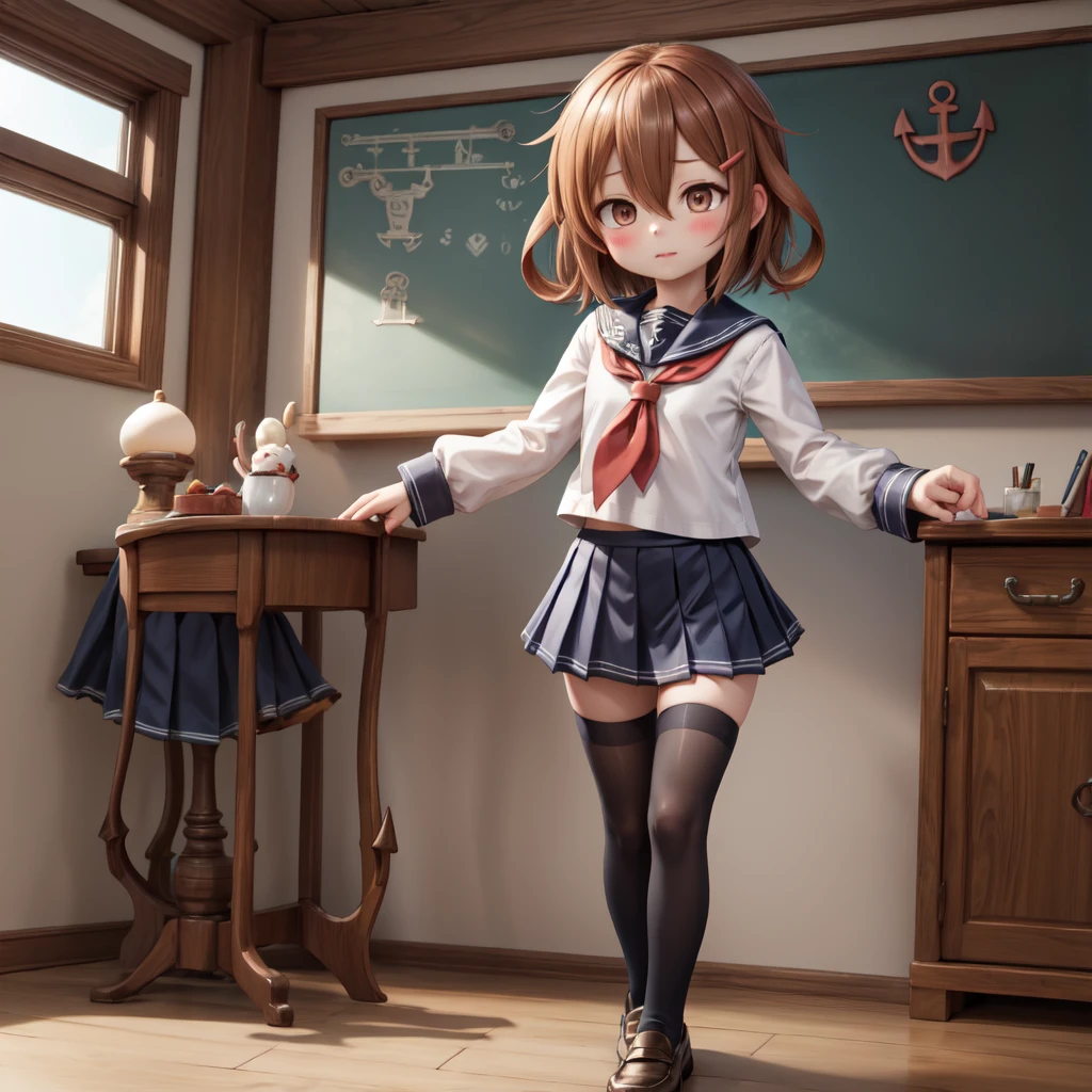 masterpiece,best quality,ï¼kcikazuchi, neckerchief, pleated skirt, long sleeves, thighhighs, sailor collar, anchor symbol, school uniform, hair between eyesï¼ loafersï¼