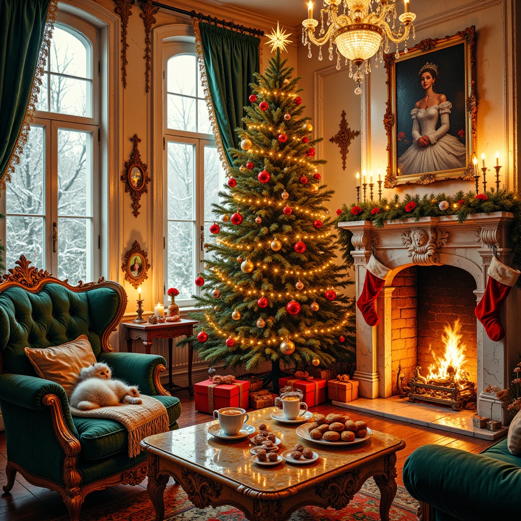 A majestic yet cozy Christmas living room, centered around a grand, towering tree adorned with sparkling gold and crystal ornaments, draped with strands of pearls and glowing twinkling lights. The soft illumination of an opulent crystal chandelier blends with the flickering warmth of a marble fireplace, its intricately carved mantle adorned with velvet stockings trimmed in gold. A plush, deep emerald-green velvet armchair sits near the hearth, where a fluffy white cat, curled up on a soft knit blanket, delicately drinks from a tiny festive cup of hot chocolate. The gilded coffee table beside it holds a silver tray with steaming mulled wine, spiced biscuits, and rich truffles. Heavy silk curtains with golden tassels frame tall arched windows, through which soft snow falls beyond frosted glass. The room radiates inviting warmth and holiday magic, blending regal sophistication with the cozy charm of a peaceful winter evening.