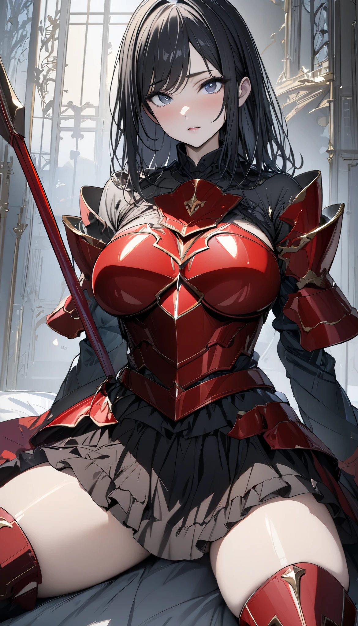 (masterpiece,  top quality :1.2,超 high definition ,  detailed description  、  high detail 、correct、  high definition  )、 One Girl 、Big Breasts、 black hair、swept bangs、 medium hair taken from the front、 knee-high、 clothes that allow you to see the chest 、I'm wearing red armor、 has a spear、spread legs , lie on bed