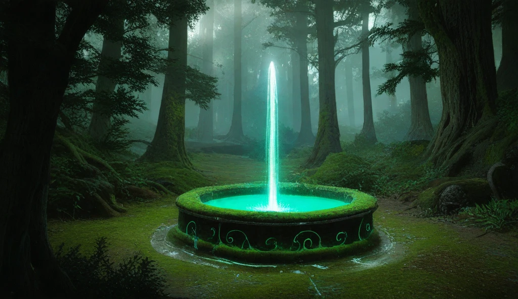 Here is the AI prompt you can use for generating the image:

Prompt:
“Draw a vivid and ethereal depiction of a holy fountain, the wellspring of great magical force, situated deep within a beautiful forest. Intricate layers of old stone carvings are highlighted by the fountain’s dazzling, pure green light, filling the entire space. Streams of liquid, blazing energy spill over the sides and gather in a bright pool below. Shimmering runes and overgrown vines surround it, with a bright beam of magical green light rising from the fountain’s center. The surrounding trees glimmer with vivid magical vitality as this energy travels upward, entwining with their trunks and leafy branches.

Medium-sized old trees with rough trunks and dense canopies abound, their bright leaves contrasting sharply with the light and reflecting dazzling green rays onto the woodland floor. Dark vegetation and moss-covered roots are softly illuminated by golden-green magical spheres that float through the misty environment. The atmosphere is further enhanced by the illuminating moss patches, enigmatic golden symbols, and dim, dazzling trails that lead to the fountain.

The blazing green moss, finely detailed leaves, and vivid vegetation exude bright vitality, balancing light and shadow. The smaller trees are fully visible, their glowing leaves reaching skyward while their roots anchor into the lighted symbols on the forest floor. Streaks of dazzling light pierce through the dense canopy, adding depth and magic to the scene.

Rich, dark moss, magical symbols, and radiant flora that glow gently blanket the forest floor. A soft, glistening green mist permeates the air, while spectral lights float and flicker, creating shifting shadows and heightening the scene’s dynamic vitality. The trees, deeply rooted in the fountain’s enchanted energy, throb with strength. This tableau marks the end of an old era and the beginning of a new one. The interplay of mystery and light, with its rich greens, brilliant li