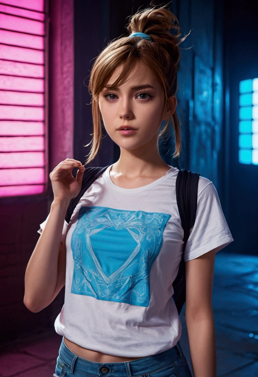 " A young anime-style protagonist ,  with shiny light brown hair tied in a high ponytail and some loose locks that frame her face.  She has expressive eyes and a face that mixes determination and gentleness . She wears a modern and casual outfit : a tight t-shirt , panties in light tone . Her pose is dynamic ,  showing confidence and energy ,  while holding an amulet or accessory that seems to emit a faint supernatural glow .  The stage is an urban alley illuminated by neon lights in shades of blue and pink ,  with a mysterious and surreal environment .  in the background ,  abstract shadows or spiritual figures appear that suggest a supernatural presence ,  combining the vibrant style of the anime with a touch of science fiction and fantasy 