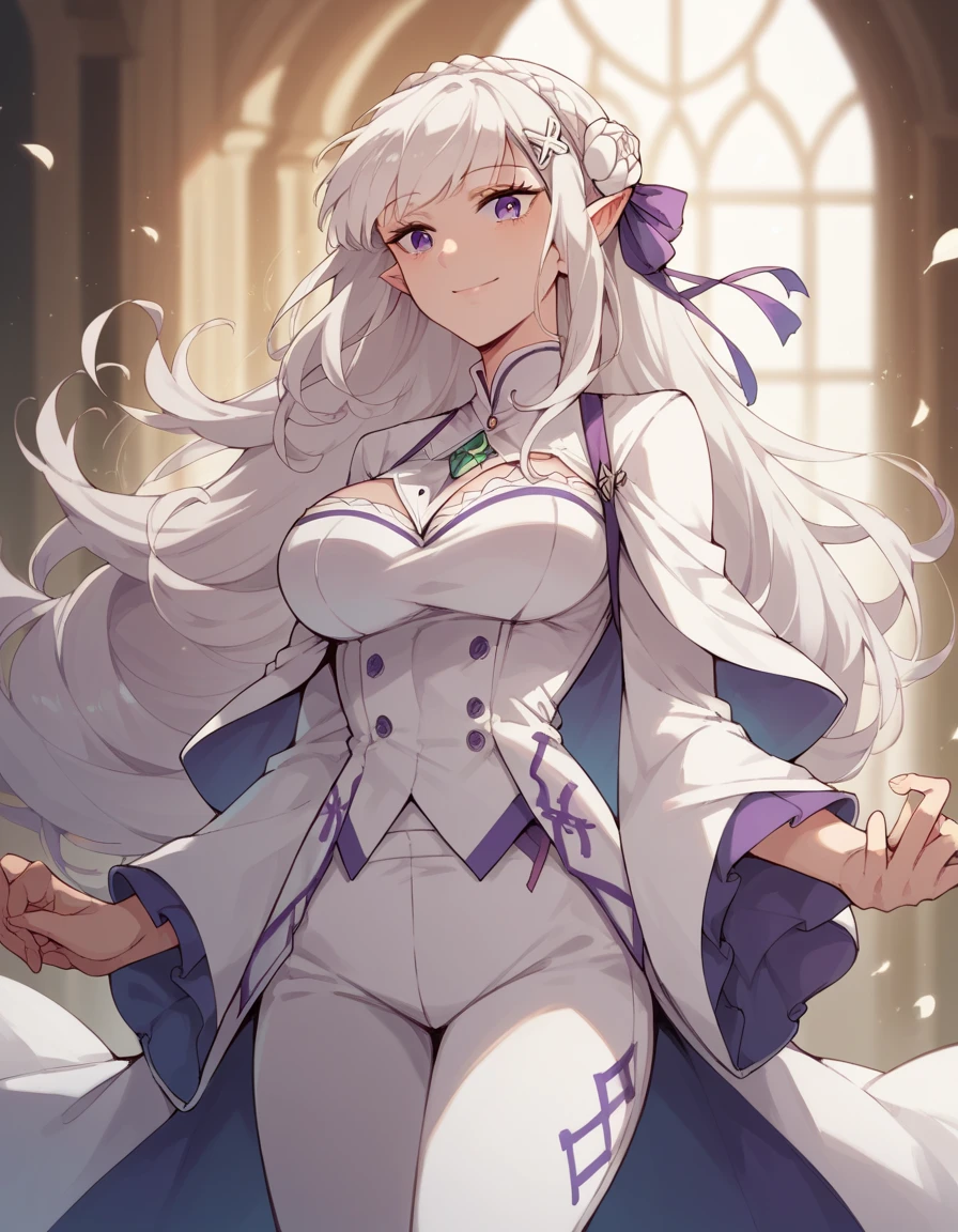 1girl, emilia, braid, crown braid, flower, hair flower, hair ornament, hair ribbon, long hair, pointy ears, purple eyes, white hair, x hair ornament, large breasts, white tuxedo, white pants , smile 