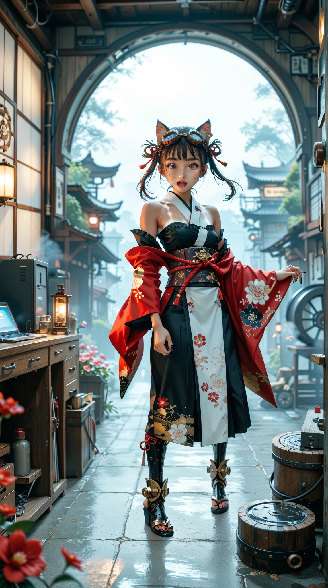  black nails ，（ you can clearly see the tan lines），（sunburned skin ）、（ oily skin ）、（steam）， Ultra High Resolution ，Depth of Field，panoramic，Full body shot， Exquisite facial features ，Perfect face， steampunk，Cat Girl，Japanese Samurai，Thick eyebrows， Shuwang Wang Daein ，Cat&#39;s Eye，Flower-shaped pupil，crazy，Darkening，goggles，Bare shoulders，Under the red cape ，belt，Armored Boots ， kimono skirt ，gaze，dusk，partly cloudy，workshop， tunnel ，Dadaism， cinematic lighting，Necromancy，crazy笑容， fighting posture ，