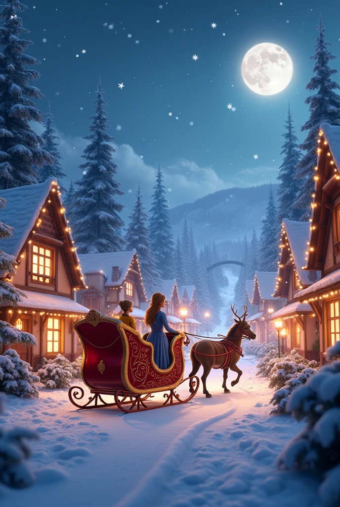 Generate a Christmas village with fairy lights , the horizon is full of snowy trees with stars on the tops and there is a sleigh with queens