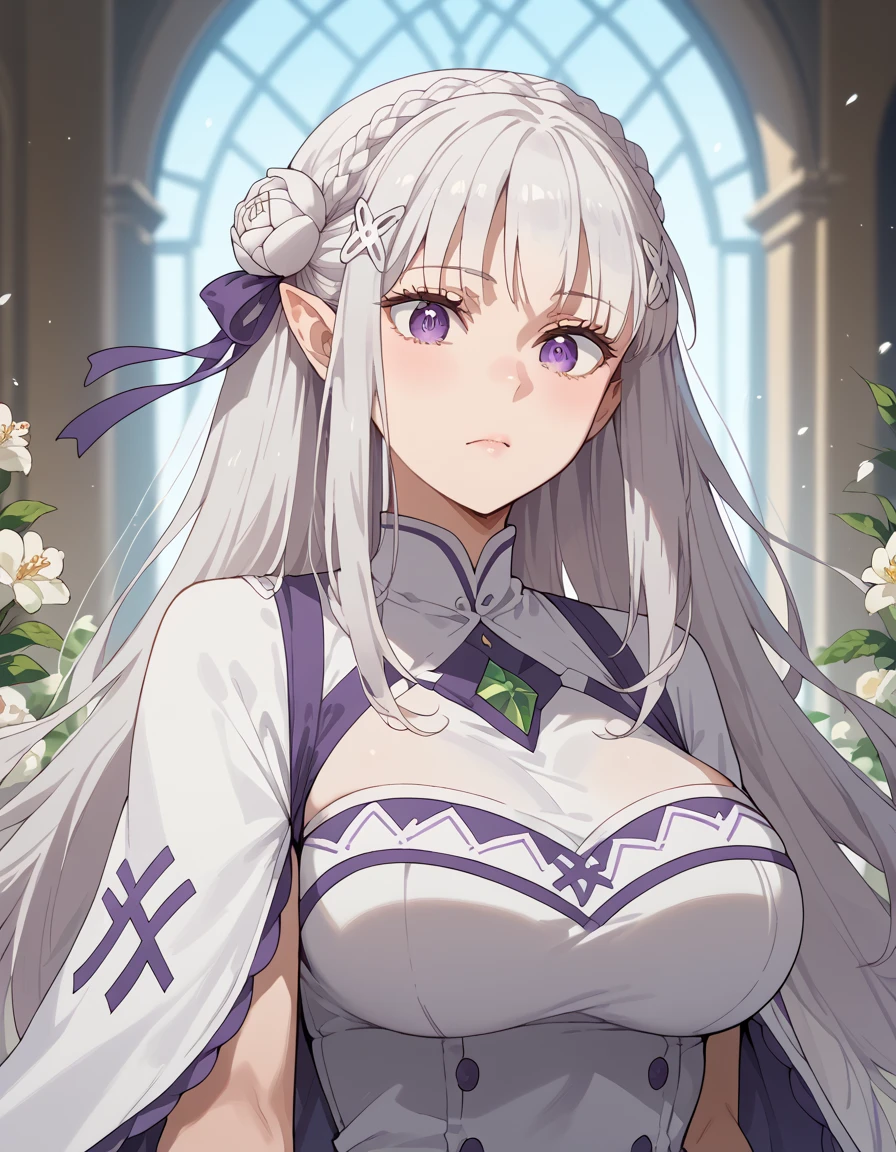 1girl, emilia, braid, crown braid, flower, hair flower, hair ornament, hair ribbon, long hair, pointy ears, purple eyes, white hair, x hair ornament, large breasts,