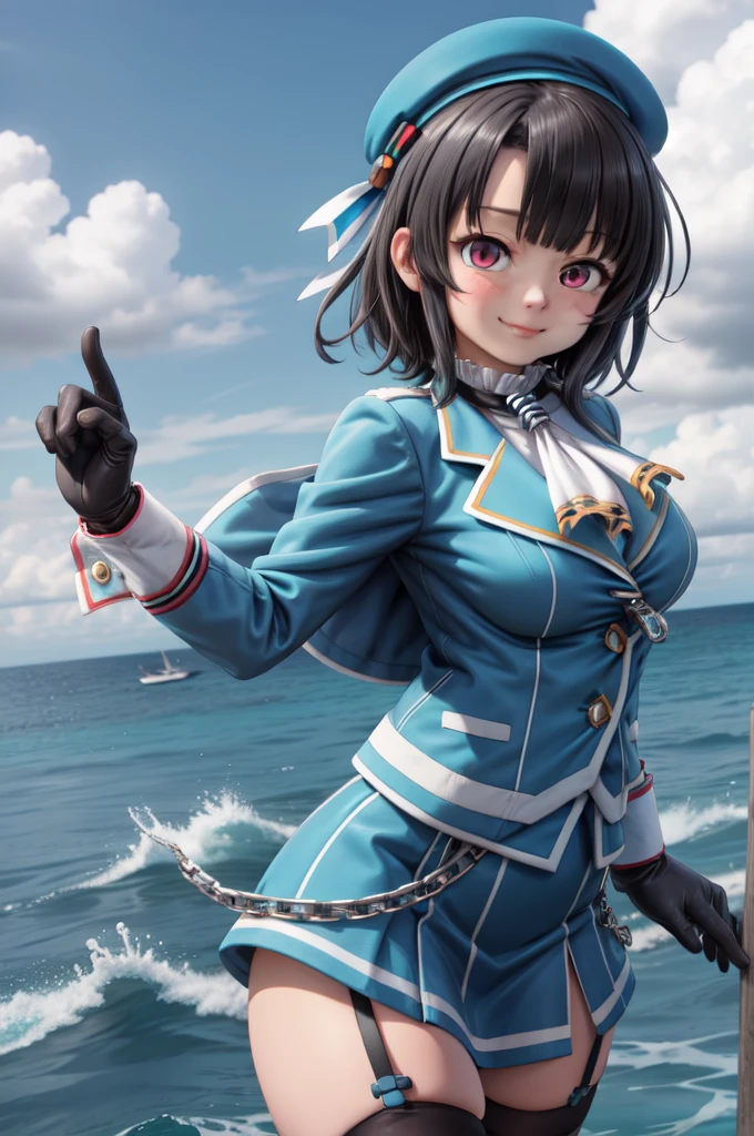 masterpiece, best quality, highres, tkancolle, beret, jacket, blue jacket, long sleeves, gloves, black gloves, skirt, thighhighs, garter straps, cowboy shot, ocean, arms at side, smile, closed mouth, facing viewer