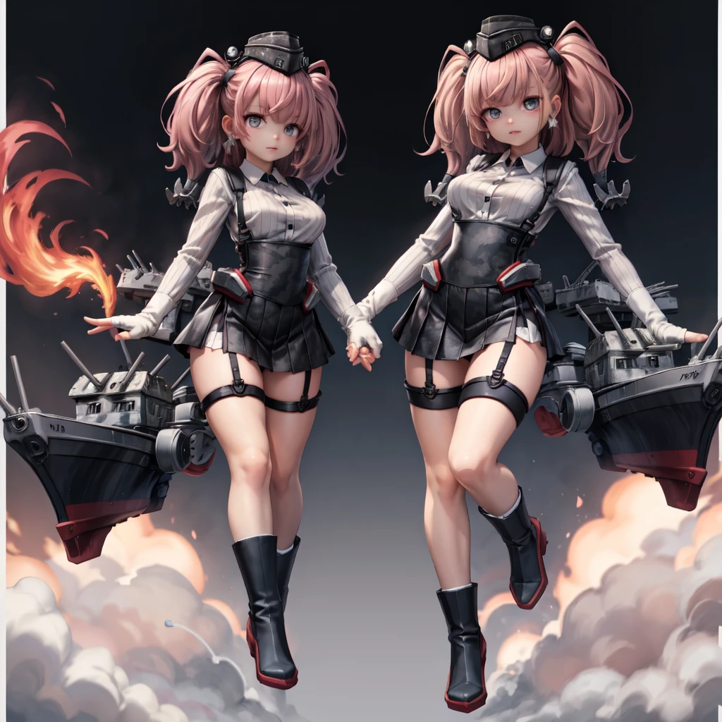 (white background:1.25), (grey background, thunder, smoke, fire), blue scheme, closed mouth, border, outside border, (looking at viewer), ocean, night sky, beautiful sky, sunset, expressionless,, masterpiece, best quality, highres, absurdres,, atlanta \(kancolle\), pink hair, twin tails, grey eyes, large breasts, suspenders, suspender skirt, gloves, breasts, garrison cap, partially fingerless gloves, white gloves, long sleeves, high-waist skirt, large breasts, black skirt, white shirt, earrings, jewelry, star earrings, rudder footwear, thigh strap, black headwear, anchor hair ornament, garter straps, rigging, hair ornament, boots, black footwear, dress shirt, headgear, camouflage,