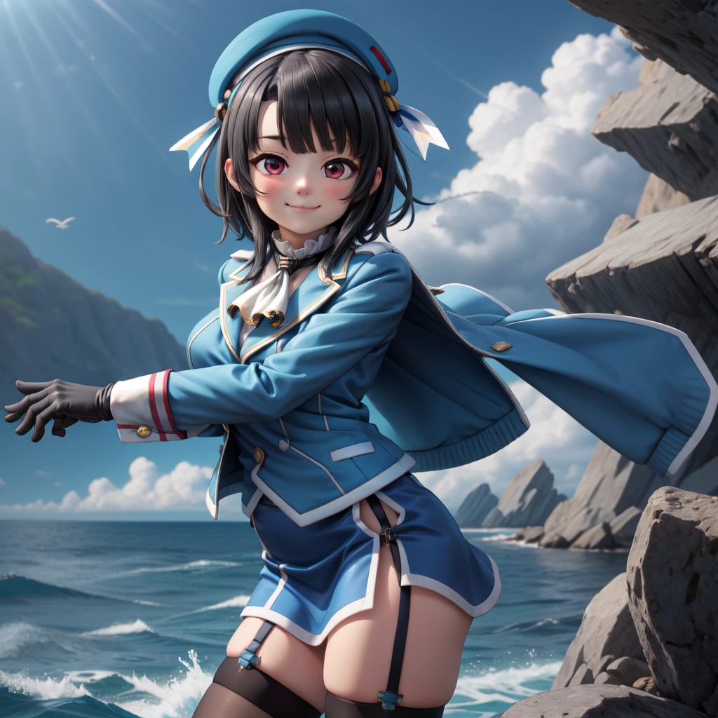 masterpiece, best quality, highres, tkancolle, beret, jacket, blue jacket, long sleeves, gloves, black gloves, skirt, thighhighs, garter straps, cowboy shot, ocean, arms at side, smile, closed mouth, facing viewer