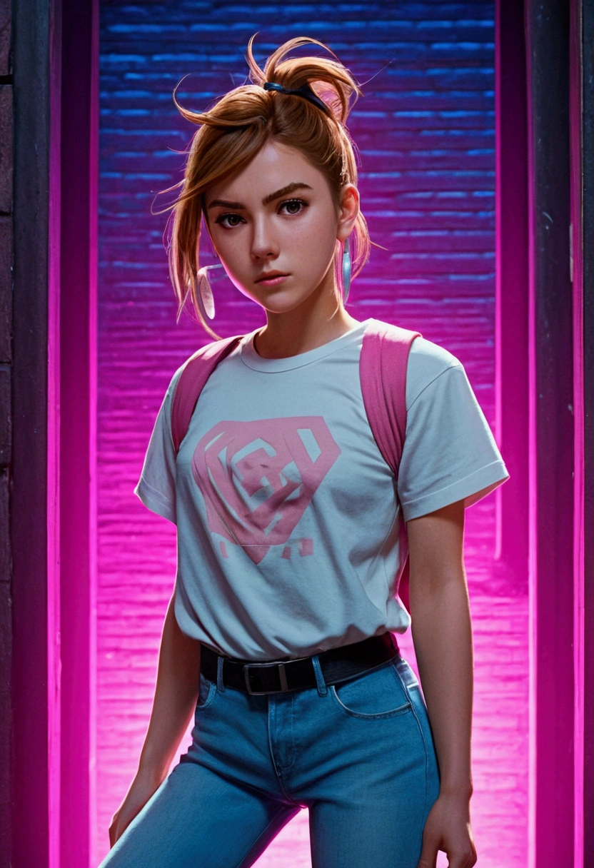 " A young anime-style protagonist ,  with shiny light brown hair tied in a high ponytail and some loose locks that frame her face.  She has expressive eyes and a face that mixes determination and gentleness . She wears a modern and casual outfit :  a tight t-shirt with subtle graphic details ,  light-toned distressed jeans and sneakers . Her pose is dynamic ,  showing confidence and energy ,  while holding an amulet or accessory that seems to emit a faint supernatural glow .  The stage is an urban alley illuminated by neon lights in shades of blue and pink ,  with a mysterious and surreal environment .  in the background ,  abstract shadows or spiritual figures appear that suggest a supernatural presence ,  combining the vibrant style of the anime with a touch of science fiction and fantasy 