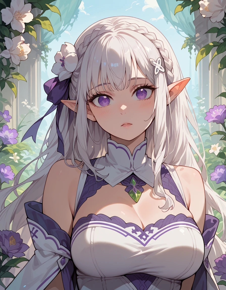 (((masterpiece, top quality, high quality))), ((8K wallpaper unified with high definition CG)), (upper body:1.3), (elegant and captivating beauty, jaw dropping beauty), (magical staff)cute and stylish elf healer girl, sitting gracefully, charming and serene expression, detailed and ornate outfit, magical staff by her side, gentle magical glow, cozy and enchanting setting, soft lighting, vibrant colors, intricate background details, whimsical atmosphere, delicate features, lush greenery around, small woodland creatures, serene and peaceful, ethereal beauty, fantasy setting, warm and inviting scene,elysia honkai impact,large breasts
