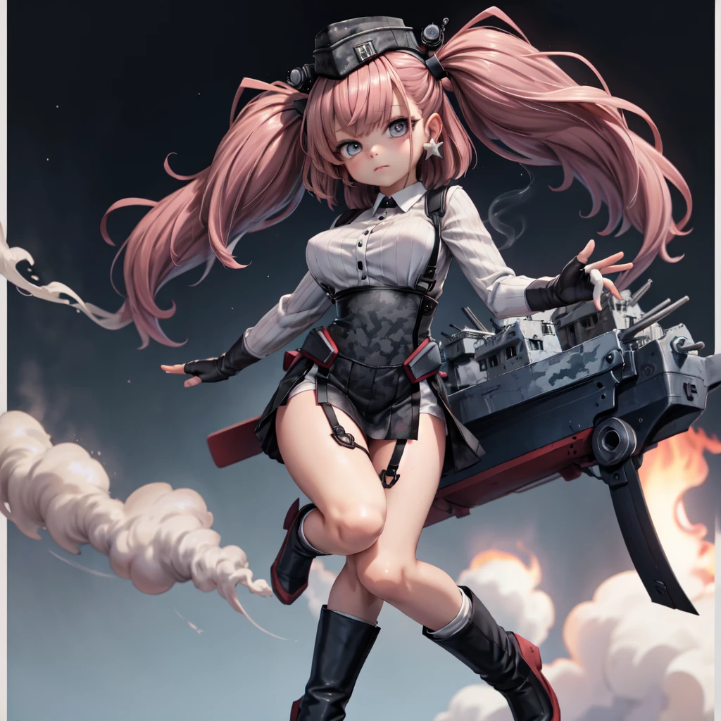 (white background:1.25), (grey background, thunder, smoke, fire), blue scheme, closed mouth, border, outside border, (looking at viewer), ocean, night sky, beautiful sky, sunset, expressionless,, masterpiece, best quality, highres, absurdres,, atlanta \(kancolle\), pink hair, twin tails, grey eyes, large breasts, suspenders, suspender skirt, gloves, breasts, garrison cap, partially fingerless gloves, white gloves, long sleeves, high-waist skirt, large breasts, black skirt, white shirt, earrings, jewelry, star earrings, rudder footwear, thigh strap, black headwear, anchor hair ornament, garter straps, rigging, hair ornament, boots, black footwear, dress shirt, headgear, camouflage,