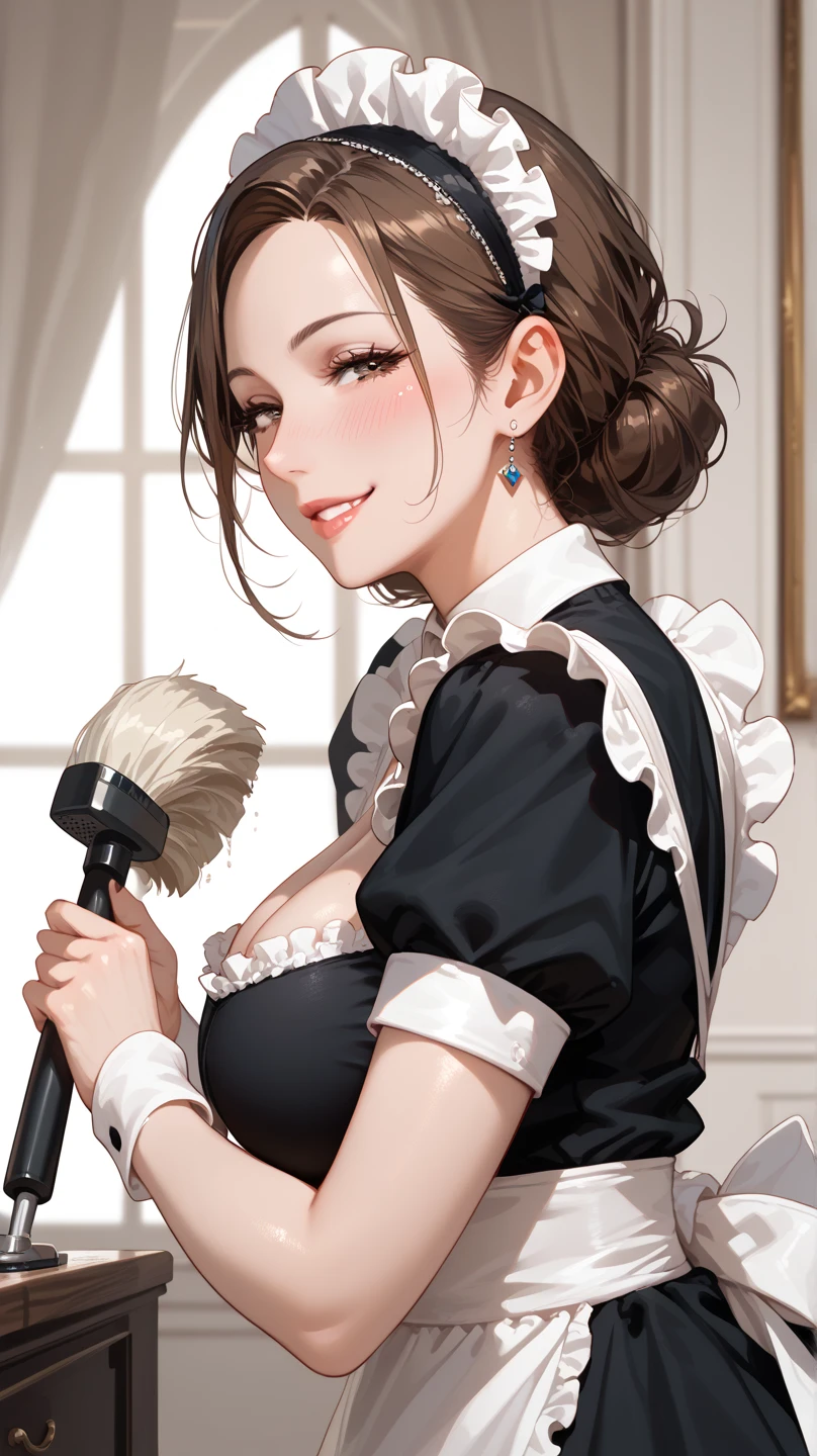 (masterpiece), Mature Woman,Maid clothes, Small breasts,Natural light, Realistic, Diffuse Light, skinny, vapor, (Please lift your skirt), (urination), With a smile.garter belt,Enamel stockings,Long nipples,Areola,See-through bra, Blowjob,Frill apron