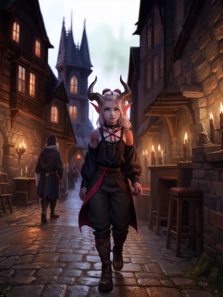 (  beautiful  ),   full size portrait  , score_9, score_8_up, score_7_up, A tiefling,  pointy ears , (very small tiny horns ), Black hair up to the neck  . vitreous membrane ,   1girl,  black canvas tank top with red ribbon, medieval pants,  medieval leg wraps,  fantasy background, blurred background.  medieval clothing . white hair in a ponytail. 