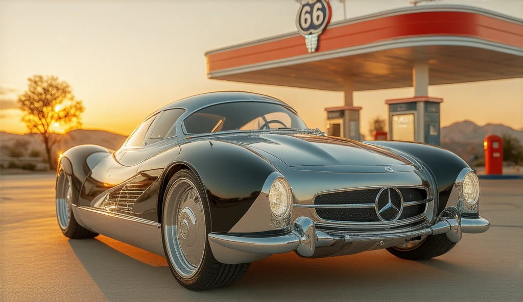 A futuristic concept car with a retro design parked at a vintage gas station during a stunning sunset. The car features a sleek, aerodynamic body with smooth curves, a glossy black and silver color scheme, and a low profile. Its large, enclosed wheels emphasize its modern aesthetic, while the prominent front grille with a Mercedes-Benz logo and circular LED-ringed headlights add a distinctive futuristic touch. The vintage gas station in the background includes a classic Route 66 sign and a red and white color scheme, providing a nostalgic atmosphere. The sky is a gradient of warm orange and yellow hues, with the setting sun casting a soft, golden glow over the scene."