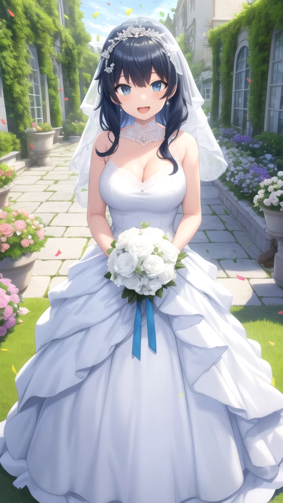 masterpiece, best quality, high quality, girl, solo, looking at viewer, touya_mochizuki, black hair, blue hair, large breasts, wedding Dress, standing, garden, confetti, holding bouquet, smile, open mouth,