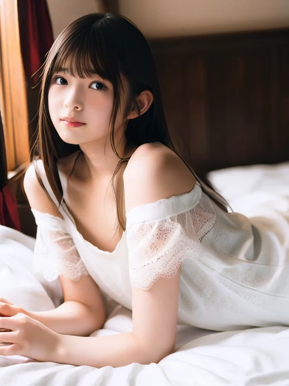 ((highest quality, masterpiece :1.3)), Photorealistic、Ultra-high resolution、Natural skin texture、Hyperrealism、Reflection from the waist up、Beautiful Japanese girl in her early s、One girl、Nightgowns with transparent skin、Lying in bed、Frightened expression、Tears flowing