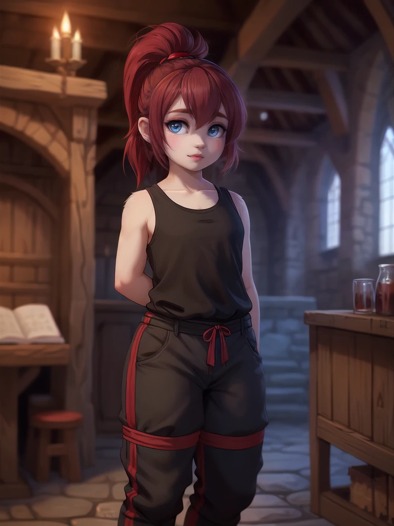 (  beautiful  ),   full size portrait  , score_9, score_8_up, score_7_up, dwarf, Black hair up to the neck  . vitreous membrane ,   1girl,  black canvas tank top with red ribbon, medieval pants, medieval leg wraps,  fantasy background, blurred background.  medieval clothing . red hair in a ponytail. 