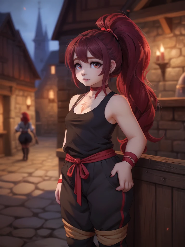 (  beautiful  ),   full size portrait  , score_9, score_8_up, score_7_up, dwarf, Black hair up to the neck  . vitreous membrane ,   1girl,  black canvas tank top with red ribbon, medieval pants, medieval leg wraps,  fantasy background, blurred background.  medieval clothing . red hair in a ponytail. 