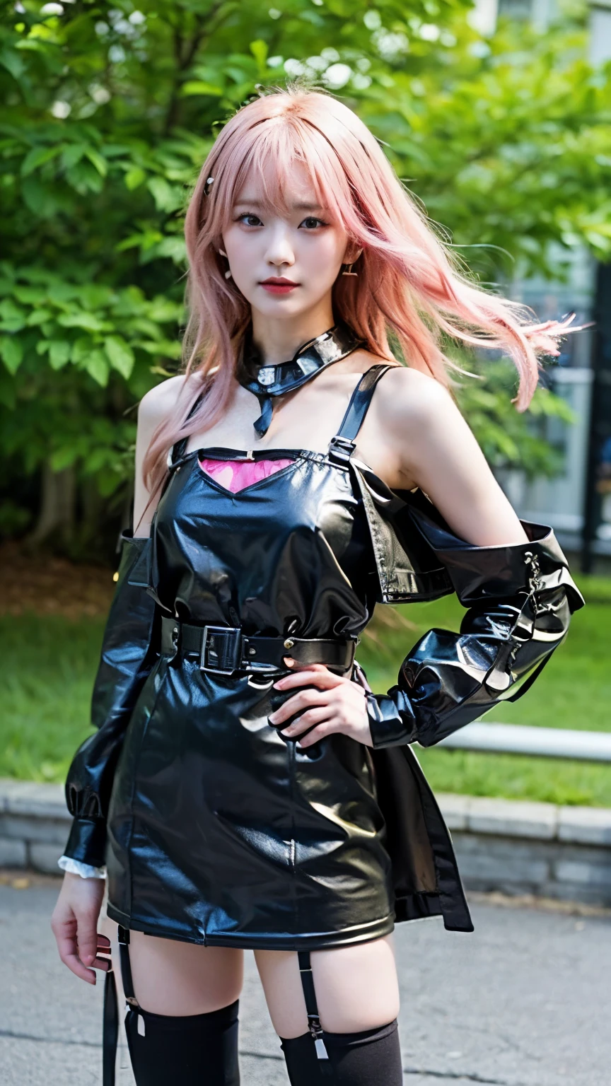  top quality、 highest image quality taken by Ki、(8k、 RAW photo、Please exchange、masterpiece:1.2)、( realistic 、 realistic )、 1 girl、(( black coat 、 I Can See Your Shoulders 、 check mini skirt、 pink hair、 see-through、Swaying in the Wind、 Slim Silhouettes 、  black dress、garter、 Knee-High Socks、 accentuates breasts 、 blondes、 upper body、 Front View、Ribbon on chest、 boots、 stage、card game frame、 stare at the camera before meals、belt、 standing with my hands on my hips ))、 street