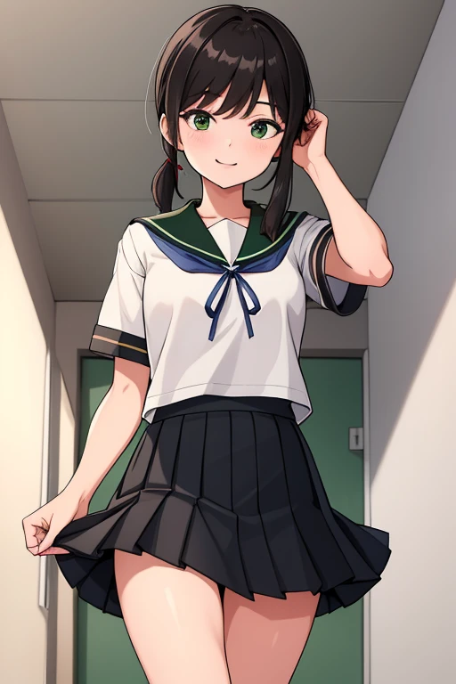 (masterpiece,  top quality:1.2),shape,8k, high definition , 1 girl,Alone,black_hair, short_ ponytail, white cellar clothes , side lock,low_ ponytail,green_eye,smile,black_eye,School_uniform,Pleats_ skirt, skirt,Urine stains，