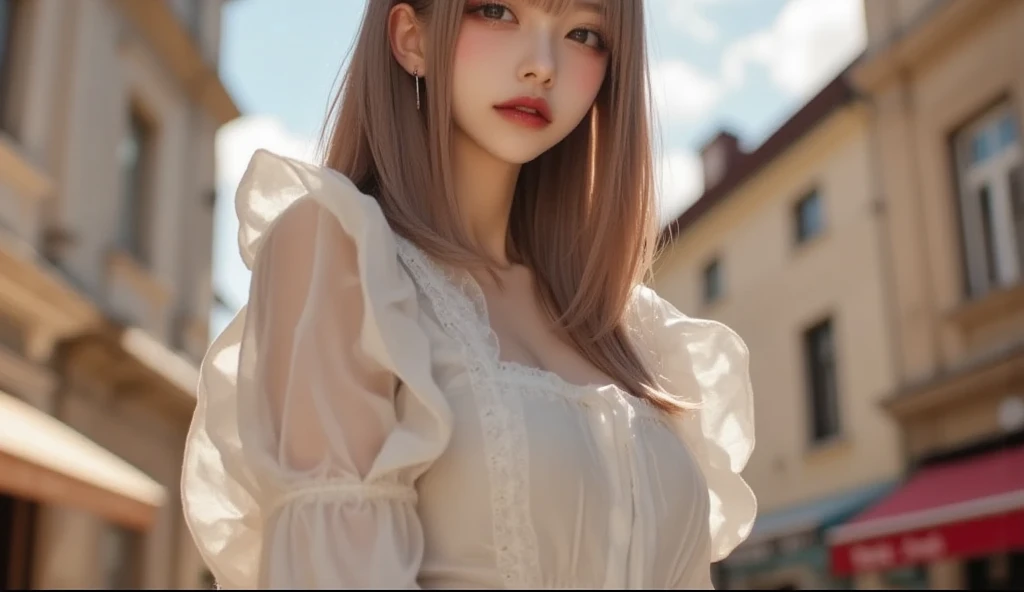 (masterpiece,  best image quality , 8k),Super realistic,  real photo ,Idol appearance,Prague Street ,Clear day ,adult,  perfection of fashion,The warm sunshine is falling, white shirt,blouse, Korean Makeup, Lip Tint, full body, frontal, faint smile,Outdoor, Exquisitely Painted , ultra high definition,  smooth skin,  The highly detailed , High quality,  High Details ,  high resolution,  out of focus background, pictorial, Standup,female,No hair accessories,