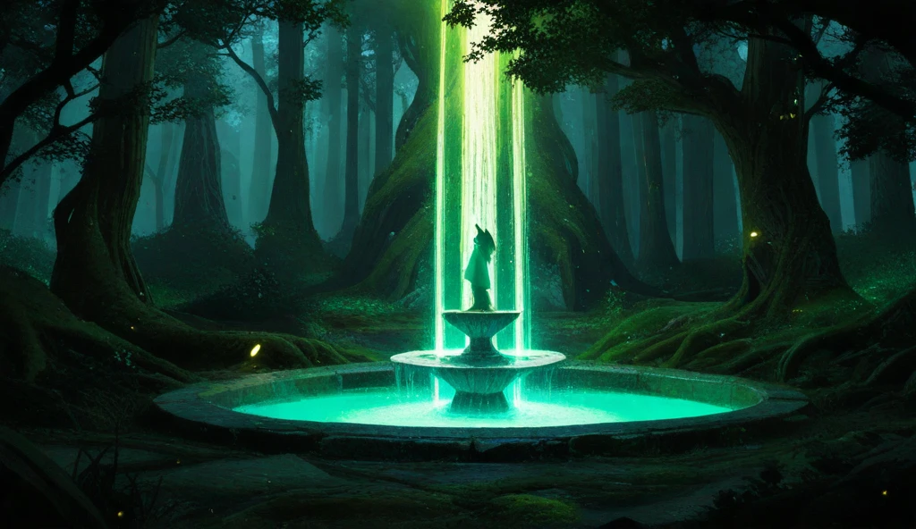 “Draw a vivid and ethereal depiction of a holy fountain, the wellspring of great magical force, situated deep within a beautiful forest. Intricate layers of old stone carvings are highlighted by the fountain’s dazzling, pure green light, filling the entire space. Streams of liquid, blazing energy spill over the sides, but instead of pooling at the base, the energy dissipates into the forest, blending with the surrounding magical vitality. Shimmering runes and overgrown vines surround it, with a bright beam of magical green light rising from the fountain’s center. The surrounding trees glimmer with vivid magical energy as this force travels upward, entwining with their trunks and leafy branches.

Medium-sized old trees with rough trunks and dense canopies abound, their bright leaves contrasting sharply with the light and reflecting dazzling green rays onto the woodland floor. Dark vegetation and moss-covered roots are softly illuminated by golden-green magical spheres that float through the misty environment. The atmosphere is further enhanced by illuminating moss patches, enigmatic golden symbols, and dim, dazzling trails leading to the fountain.

The blazing green moss, finely detailed leaves, and vivid vegetation exude bright vitality, balancing light and shadow. The smaller trees are fully visible, their glowing leaves reaching skyward while their roots anchor into the lighted symbols on the forest floor. Streaks of dazzling light pierce through the dense canopy, adding depth and magic to the scene.

Rich, dark moss, magical symbols, and radiant flora that glow gently blanket the forest floor. A soft, glistening green mist permeates the air, while spectral lights float and flicker, creating shifting shadows and heightening the scene’s dynamic vitality. The trees, deeply rooted in the fountain’s enchanted energy, throb with strength. This tableau marks the end of an old era and the beginning of a new one. The interplay of mystery and light, with its rich greens, b