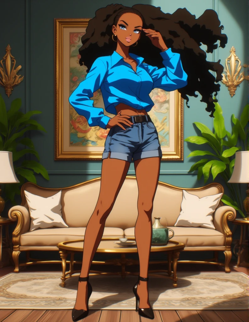 Dark-skinned young woman in bright blue shirt, denim shorts, high heels, long black hair, luxury beach themed home interior, full body, sexy girl