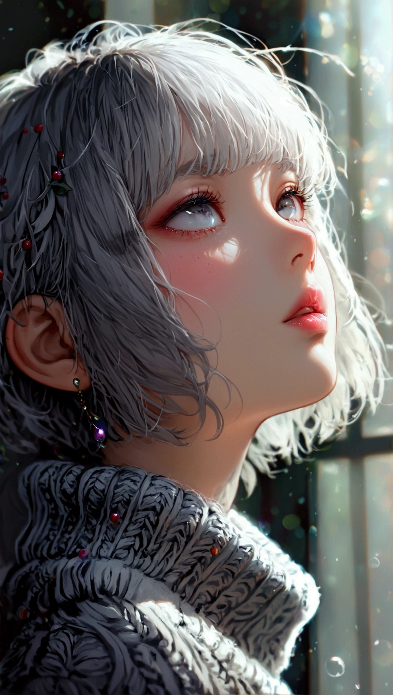  of the highest quality,  Masterpiece,  Ultra high resolution ,  realistic ,  Slim albino girl ， Berry with short gray hair,gray bangs , knit,  soft lighting , detailed skin, light eyes, Short bob hair,  transparency, Japan,   beautiful woman ,  look up,  lip gloss , Eye enhancement