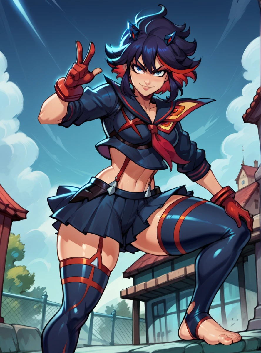 , score_9, score_8_up, score_7_up, score_6_up, score_5_up, score_4_up, source_anime, masterpiece , anime screencap,  absurdres,matoi ryuuko, multicolored hair, short hair, black hair, solo, gloves, streaked hair, midriff, serafuku,thick thighs,, serious,,reiq art style,stirrup legwear,purple hair,feet,perfect feet,dynamic pose,smug