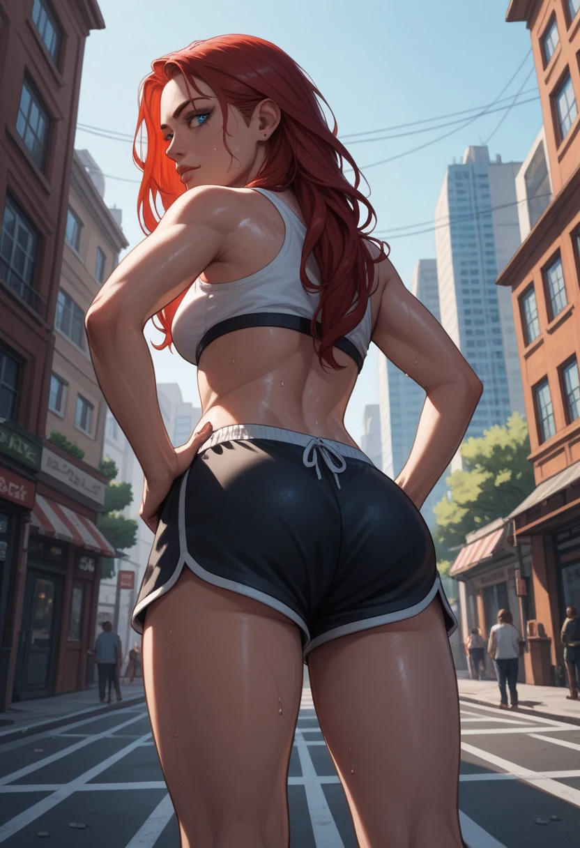  masterpiece ,  best quality , 1 , Alone, ,  Blue Eyes,  red hair, red hair,  long loose hair , Sides,, from behind, Sweat,  looking back,  hands on their own hips,, dolphin shorts azuis, in this,polpa da in this aparece,  outdoor,  city street,  perfect anatomy , detailed,  bottom angle 