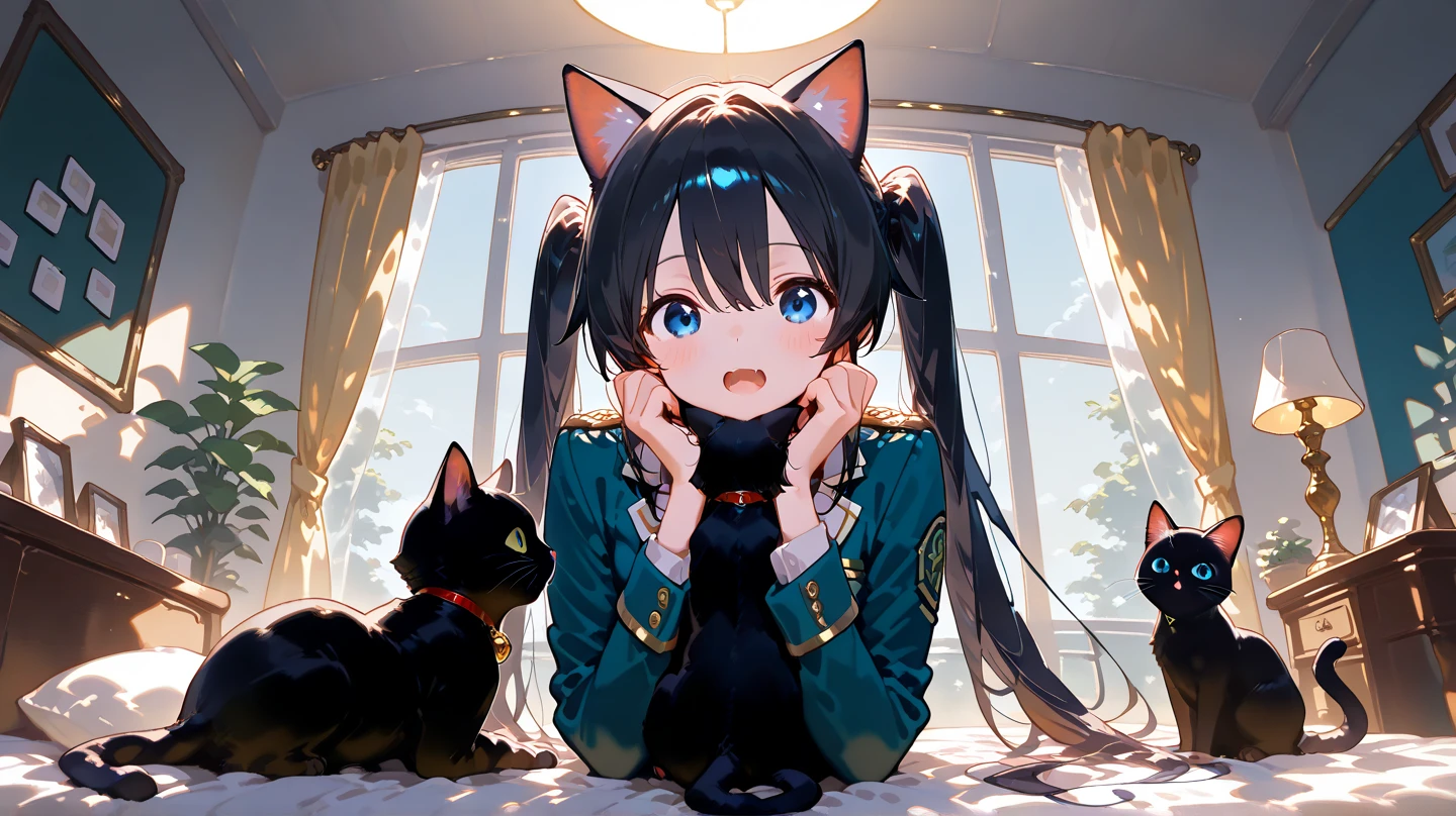 超 high definition ,  attention to detail,  High Quality ,  high definition , 最 High Quality , 4K, 8k, Awards, ( artwork)、(( Black Cat)), black hair twin tails、Female student、uniform、cute、 blue eyes、((I have a cat on my head ))、  smugface、Cat&#39;s Mouth